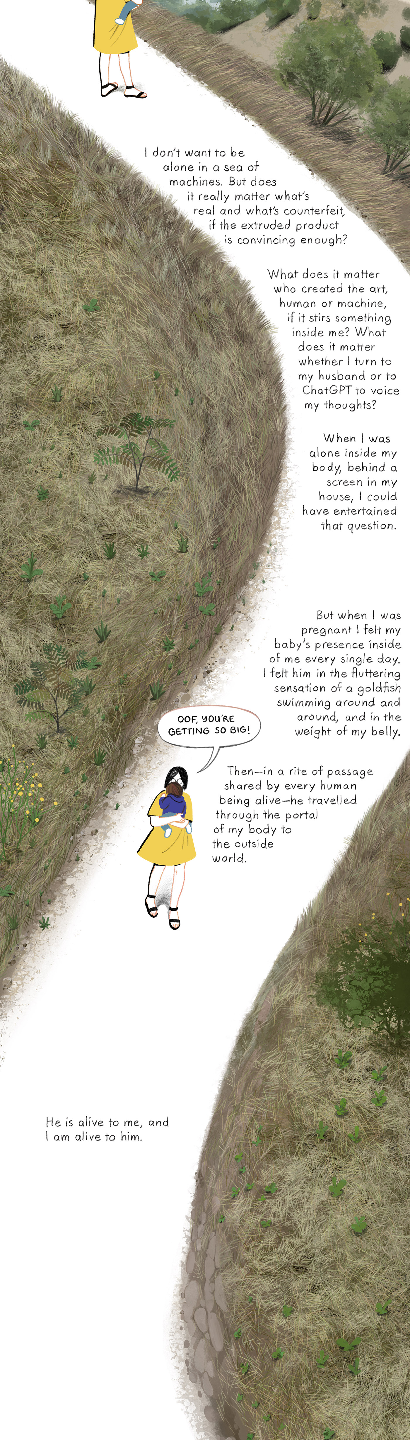 A mother carrying a child in her arms, walking on a path surrounded by grass.